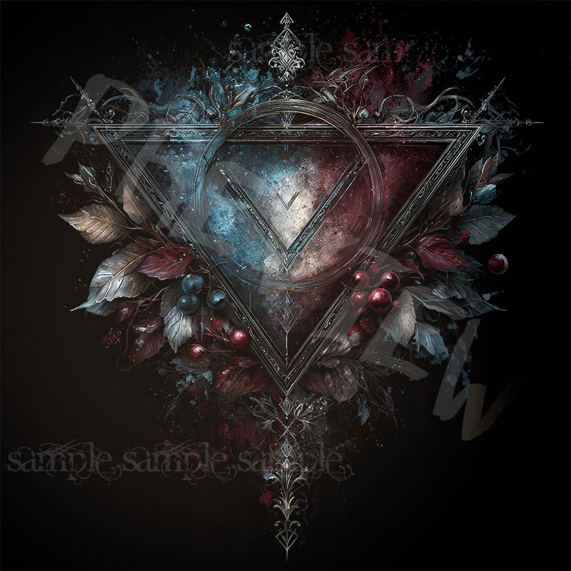 Decorative design with a central triangle surrounded by leaves and berries on a dark background